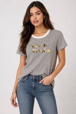 Bow & Drape “Just in Queso” Striped Graphic Tee | Gold Sequin Funny T-Shirt NWT
